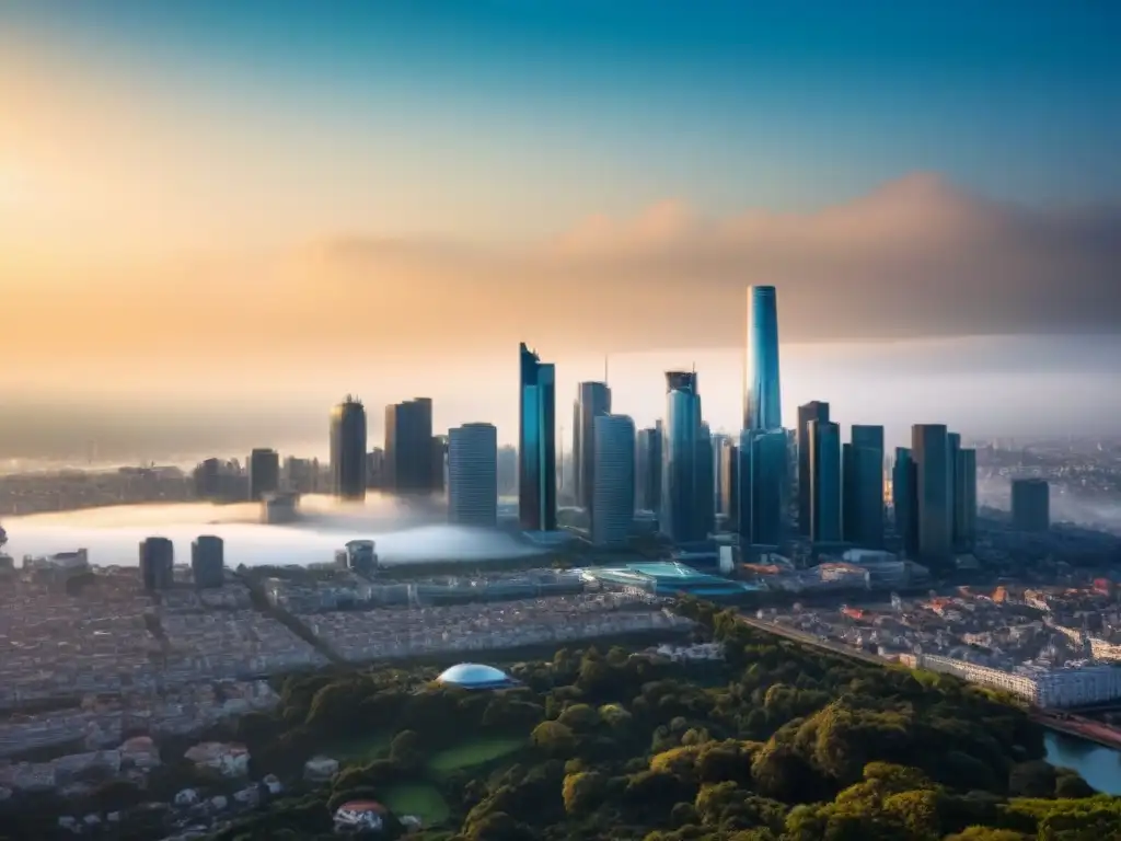 Horizonte urbano futurista con rascacielos modernos y innovadores Un horizonte de ciudad moderna con rascacielos relucientes reflejando la luz del sol, simbolizando transparencia e innovación en el mercado inmobiliario blockchain