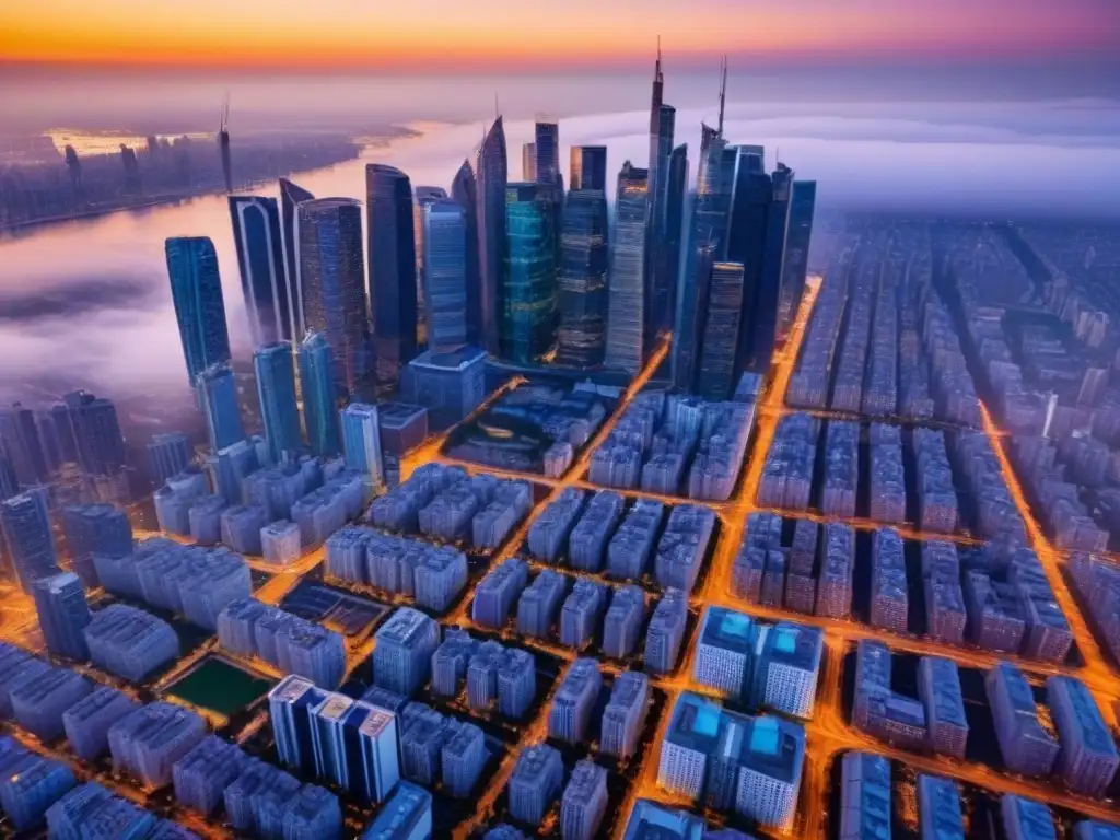 Un horizonte de la ciudad vibrante al atardecer, reflejando la luz dorada del sol