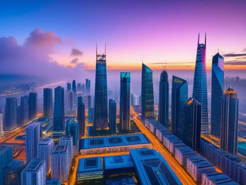 Skyline futurista: transacciones inmobiliarias en blockchain Un horizonte futurista al atardecer con rascacielos brillantes y pantallas digitales mostrando transacciones inmobiliarias en tiempo real a través de la tecnología blockchain
