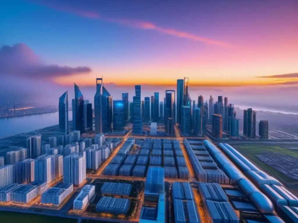 Skyline futurista de Smart City en 8k: innovación y tecnología en atardecer vibrante Horizonte de 'Smart City' futurista al atardecer, con tecnologías avanzadas y drones, reflejando tendencias mercado inmobiliario estrategia