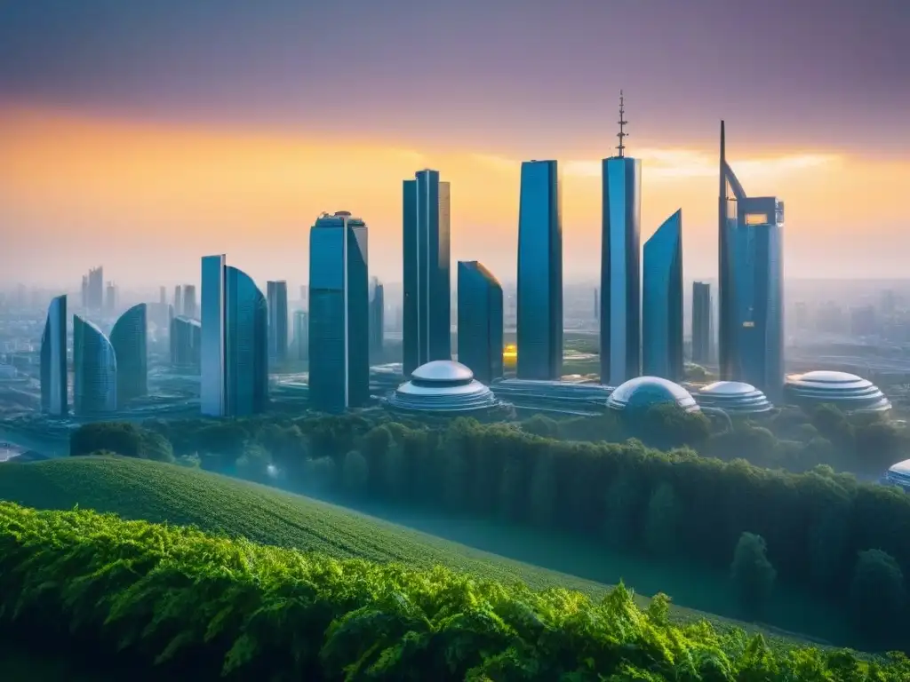 Horizonte futurista: metrópolis europea en armonía con la naturaleza Horizonte futurista de una ciudad europea con rascacielos modernos rodeados de vegetación, iluminados por el sol poniente