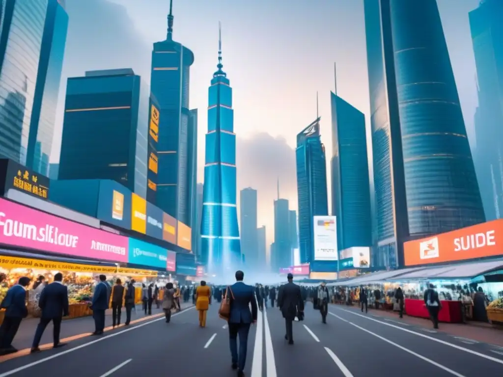 Horizonte futurista en mercado emergente: crecimiento y progreso Un horizonte futurista en una ciudad de mercados emergentes con rascacielos innovadores y bulliciosos mercados callejeros