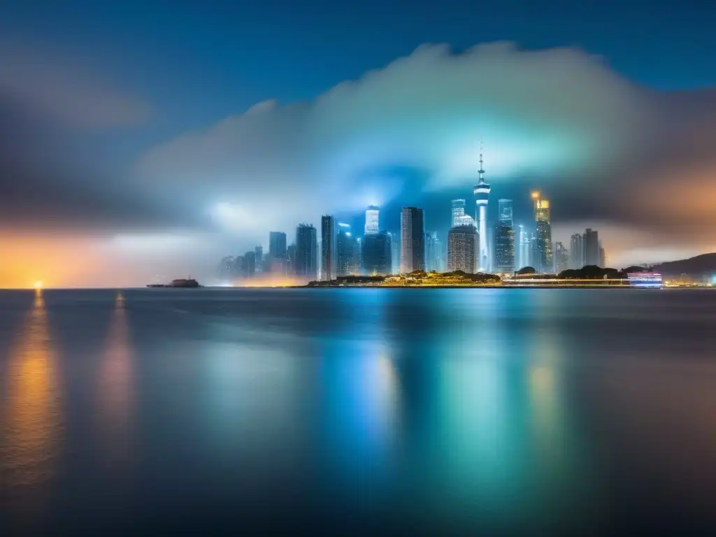 Horizonte futurista: rascacielos brillantes sobre agua tranquila Un horizonte futurista de la ciudad de noche con rascacielos brillantes y luces, reflejándose en un cuerpo de agua tranquilo