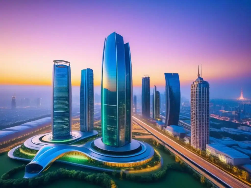 Metrópolis futurista: innovación en financiamiento inmobiliario Un horizonte futurista de una ciudad al anochecer, con rascacielos iluminados y sistemas de transporte avanzados