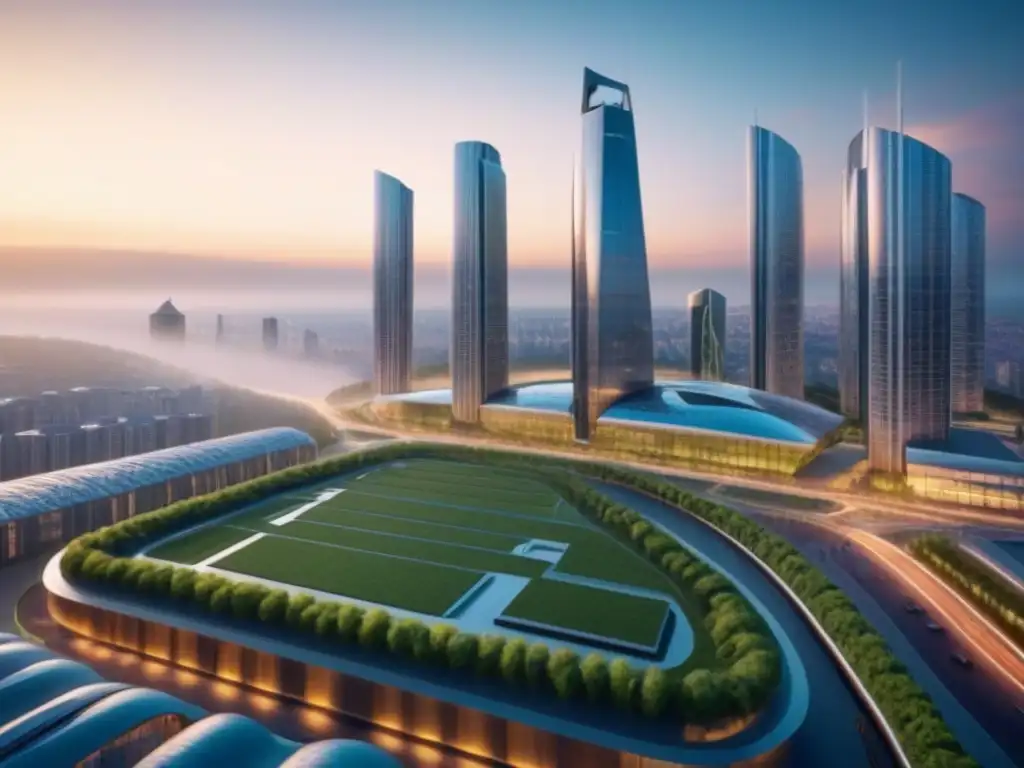 Cityscape europeo futurista al atardecer: arquitectura moderna y naturaleza Un horizonte futurista europeo con rascacielos, espacios verdes y sistemas de transporte avanzados, iluminado por la cálida luz del atardecer