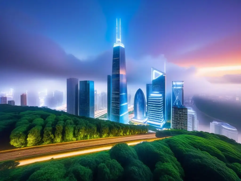 Rascacielos futurista: símbolo de innovación y éxito financiero Horizonte futurista de rascacielos con arquitectura vanguardista de vidrio, acero y vegetación, simbolizando éxito financiero