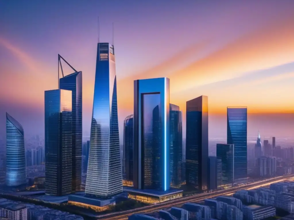 Horizonte futurista: Ciudad de cristal en el crepúsculo Un horizonte futurista con rascacielos de cristal y pantallas digitales que muestran datos financieros, bañados por la luz cálida del atardecer