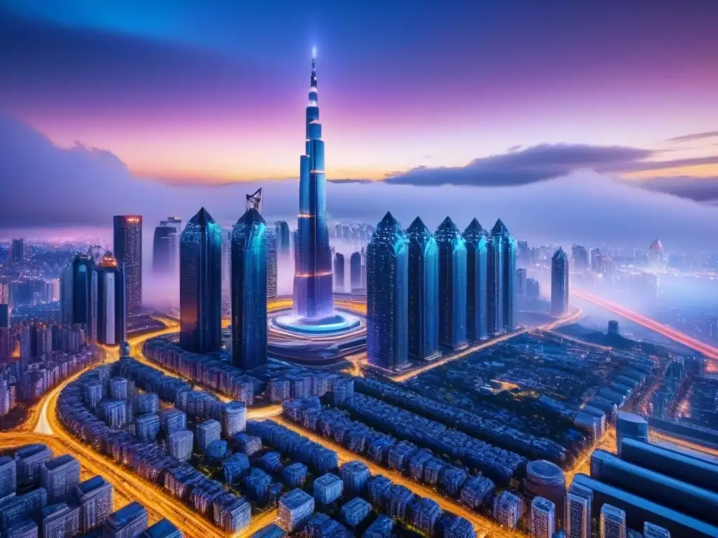 Metrópolis futurista: skyline innovador para financiamiento premium Horizonte futurista con rascacielos y diseño vanguardista