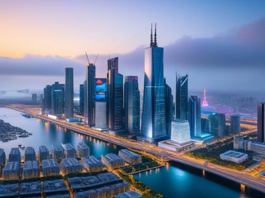 Horizonte urbano futurista: tecnología y finanzas inmobiliarias Un horizonte futurista al anochecer con rascacielos elegantes y vehículos en suspensión