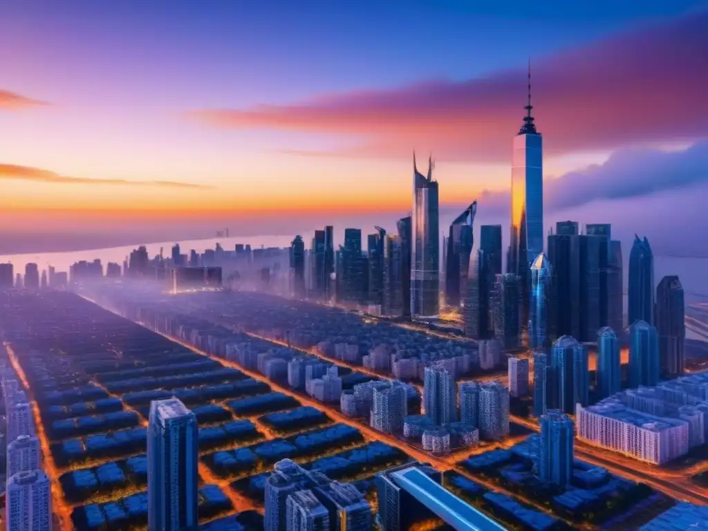 Metrópolis futurista: rascacielos interconectados brillando al atardecer Un horizonte futurista con rascacielos interconectados resaltados por un vibrante atardecer dorado, reflejando innovación urbana