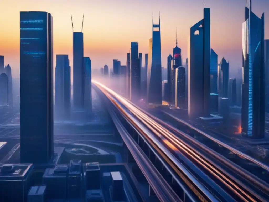 Futurismo urbano: ciudad avanzada bañada por la luz del atardecer Un horizonte futurista con rascacielos modernos, sistemas de transporte avanzado e iluminado por el sol poniente