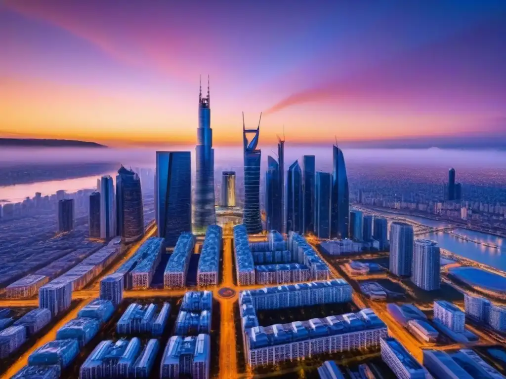 Horizonte futurista: inversión inmobiliaria crowdfunding Un horizonte futurista con rascacielos modernos frente a un vibrante atardecer, simbolizando la prosperidad y el crecimiento financiero en el crowdfunding inmobiliario para maximizar ganancias