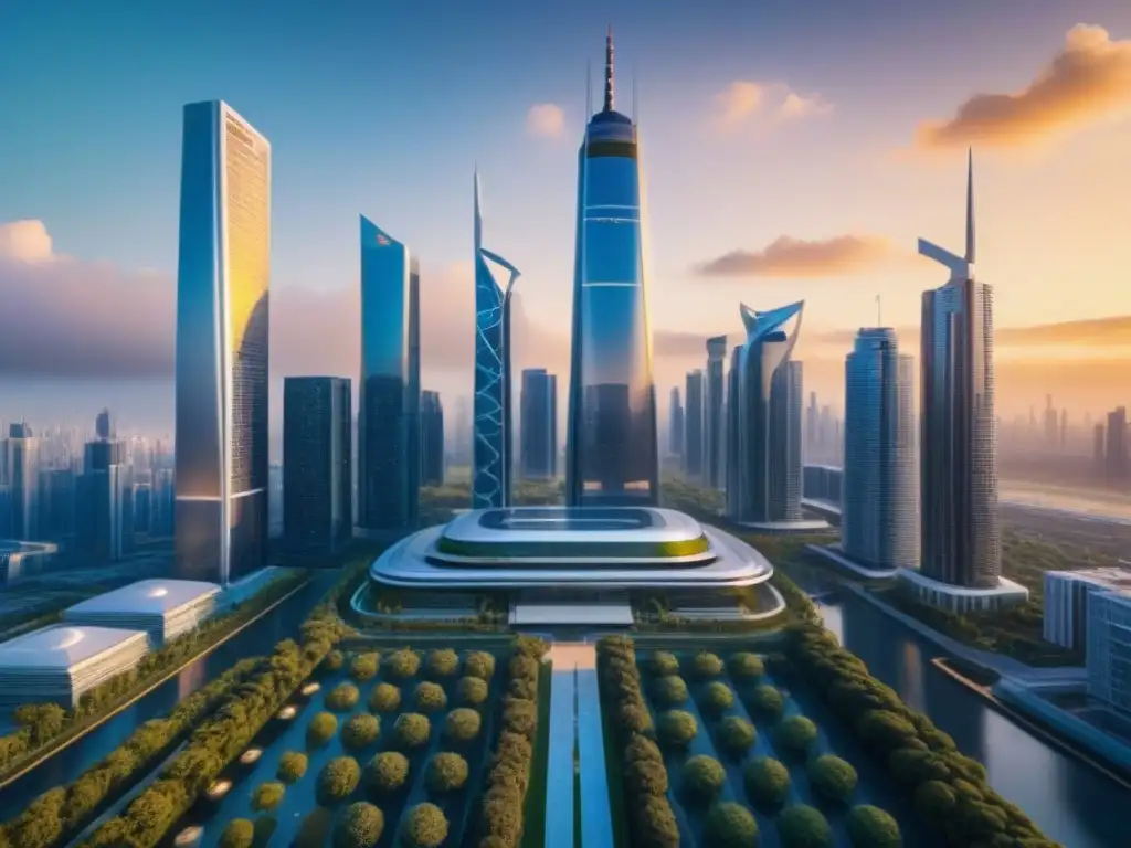 Horizonte futurista en 8k: arquitectura moderna y naturaleza Un horizonte futurista de rascacielos y naturaleza reflejando la puesta de sol dorada