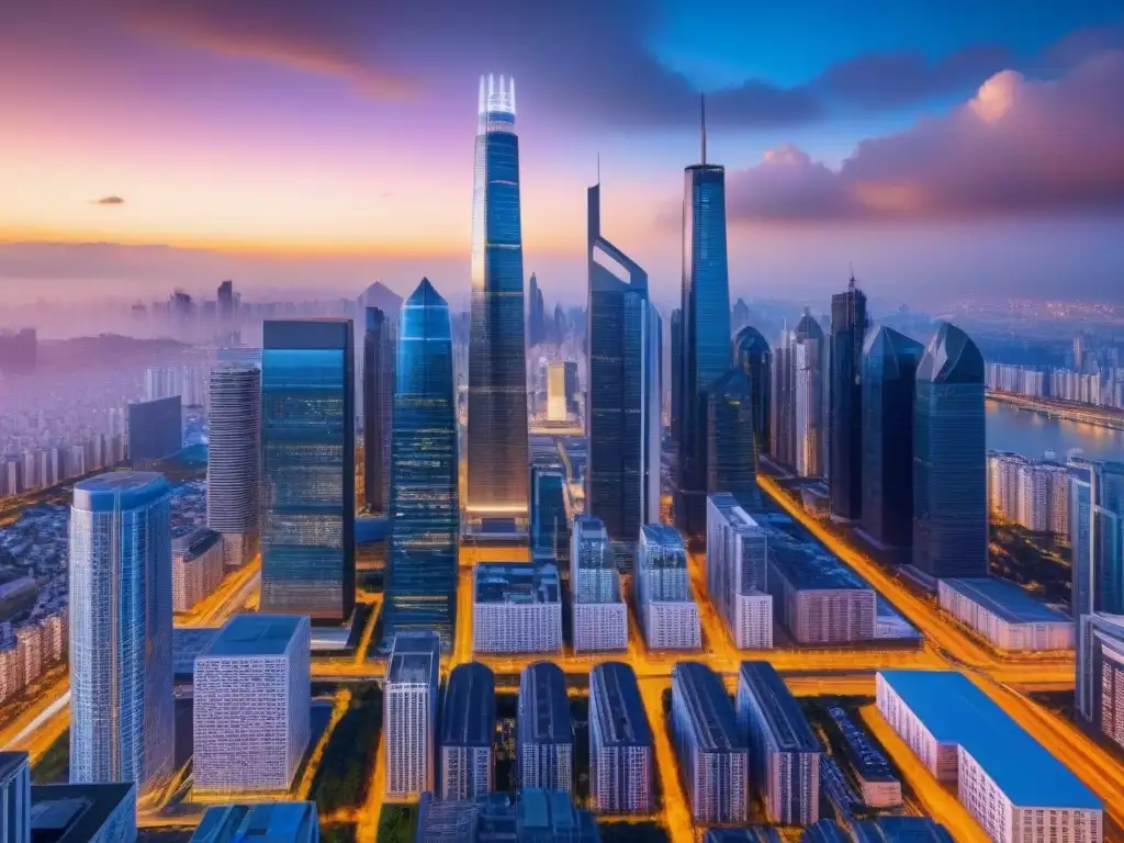 Metrópolis futurista: blockchain y real estate en armonía Horizonte futurista con rascacielos y redes blockchain, maximizando ganancias en inversión inmobiliaria internacional