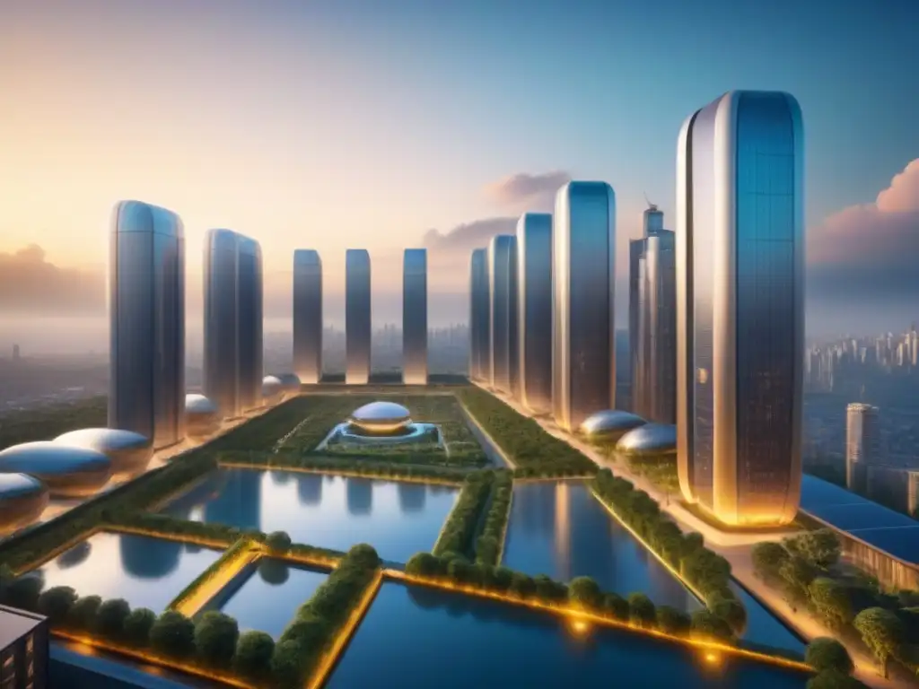 Inversión inmobiliaria: Ciudad futurista sostenible al atardecer Un horizonte futurista con rascacielos relucientes reflejando el sol poniente, en una ciudad sostenible y tecnológica
