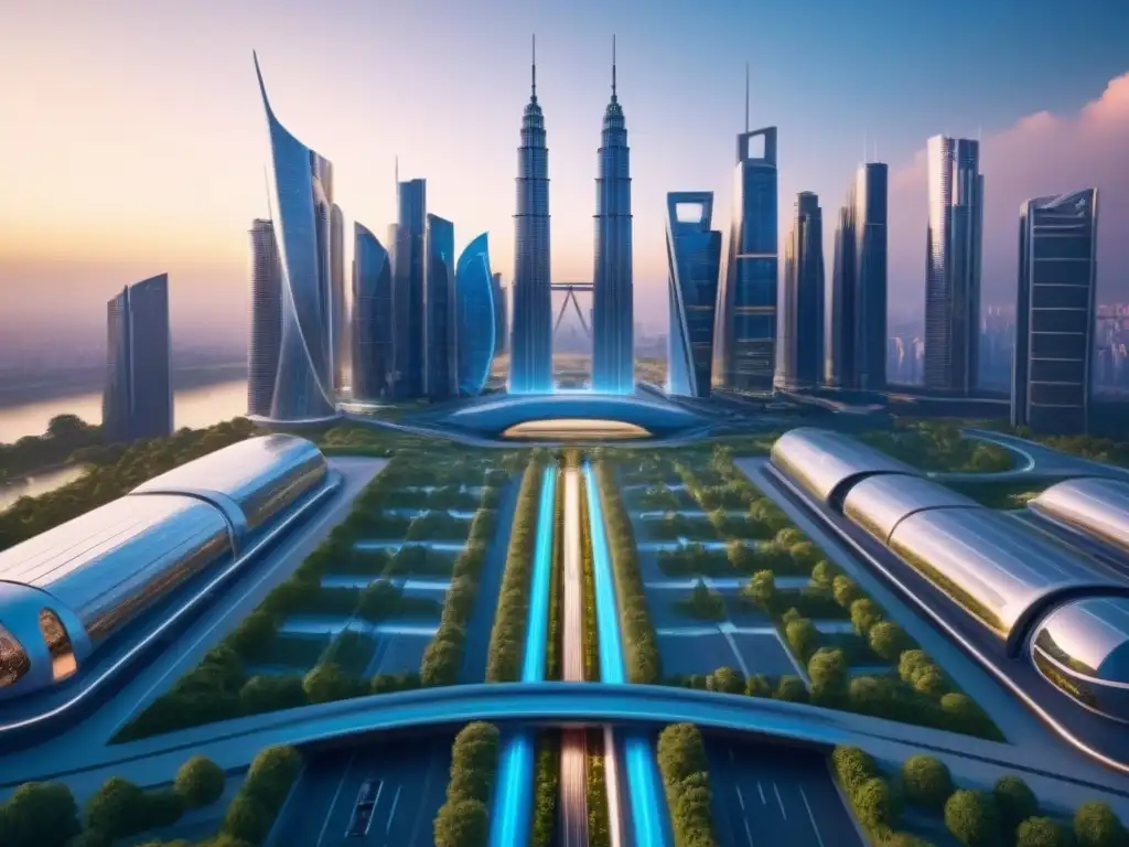 Metrópolis futurista: paisaje urbano de vanguardia en 8k Un horizonte futurista con rascacielos y tecnología avanzada, integrada con la naturaleza al atardecer