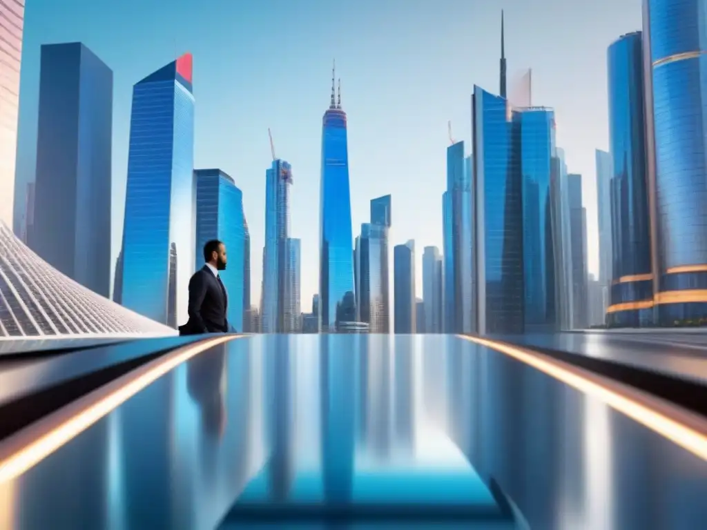 Futurismo financiero: Ciudad 8k con rascacielos de cristal y datos Un horizonte futurista con rascacielos de vidrio y acero, ejecutivos y tecnología Fintech préstamos inmobiliarios big data