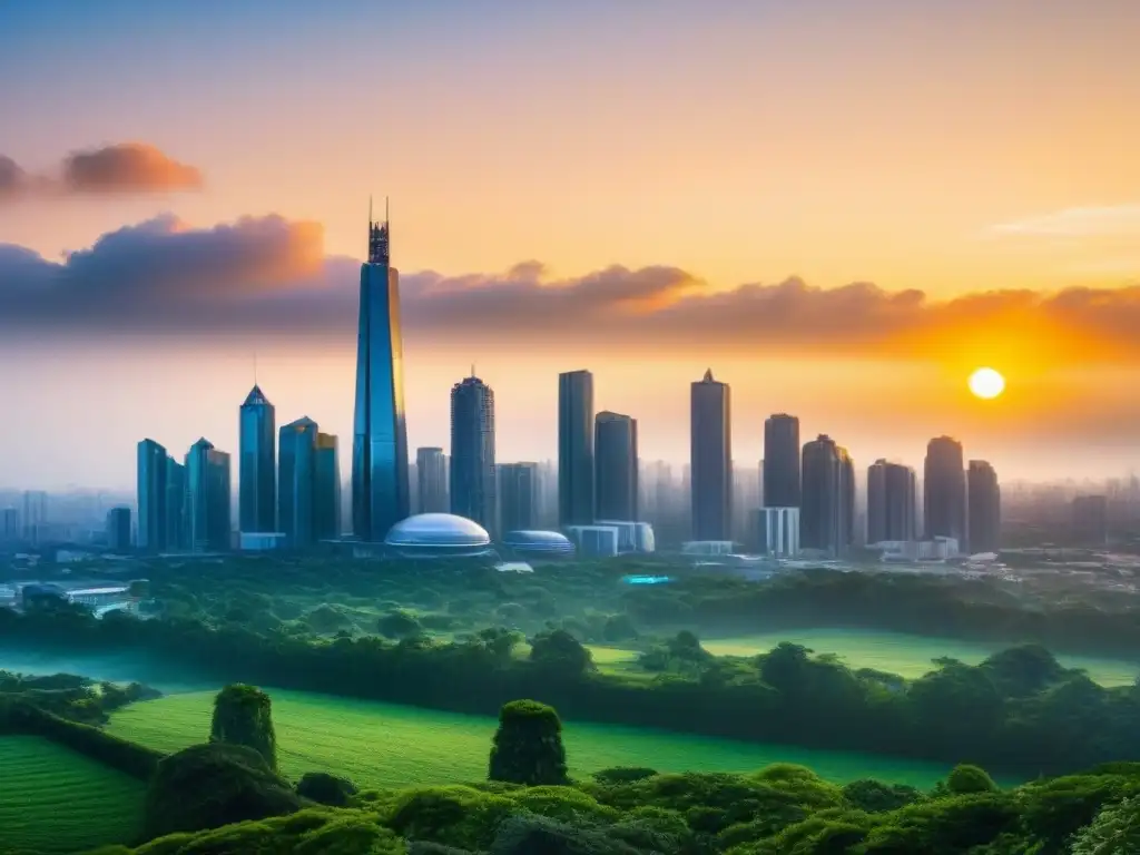 Un horizonte futurista con rascacielos de vidrio y tecnología integrada, rodeado de vegetación y tendencias en financiamiento inmobiliario futuro