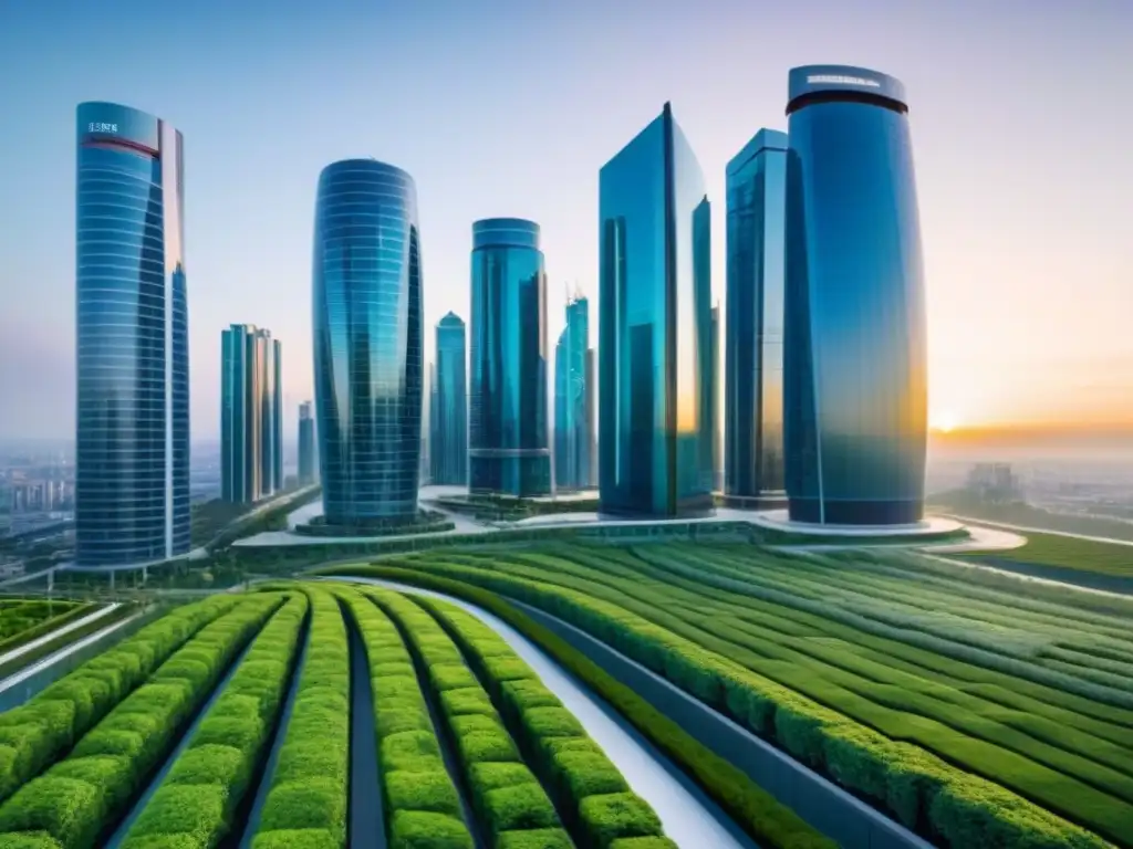 Horizonte futurista sostenible: ciudad eco-friendly al atardecer Un horizonte futurista y sostenible con rascacielos ecoamigables y jardines verticales, reflejando la Ética en desarrollo inmobiliario sostenible