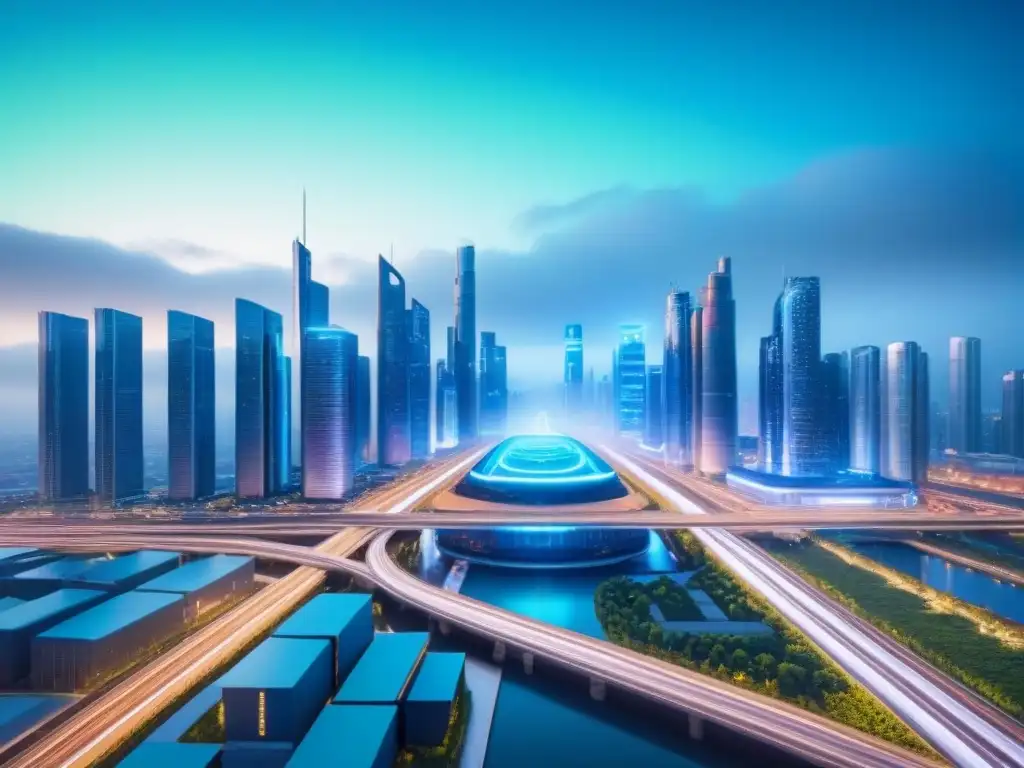 Skyline futurista: edificios comerciales con tecnología blockchain y IA Un horizonte futurista de tecnologías emergentes REITs comerciales en una ciudad avanzada con edificios modernos y datos en tiempo real