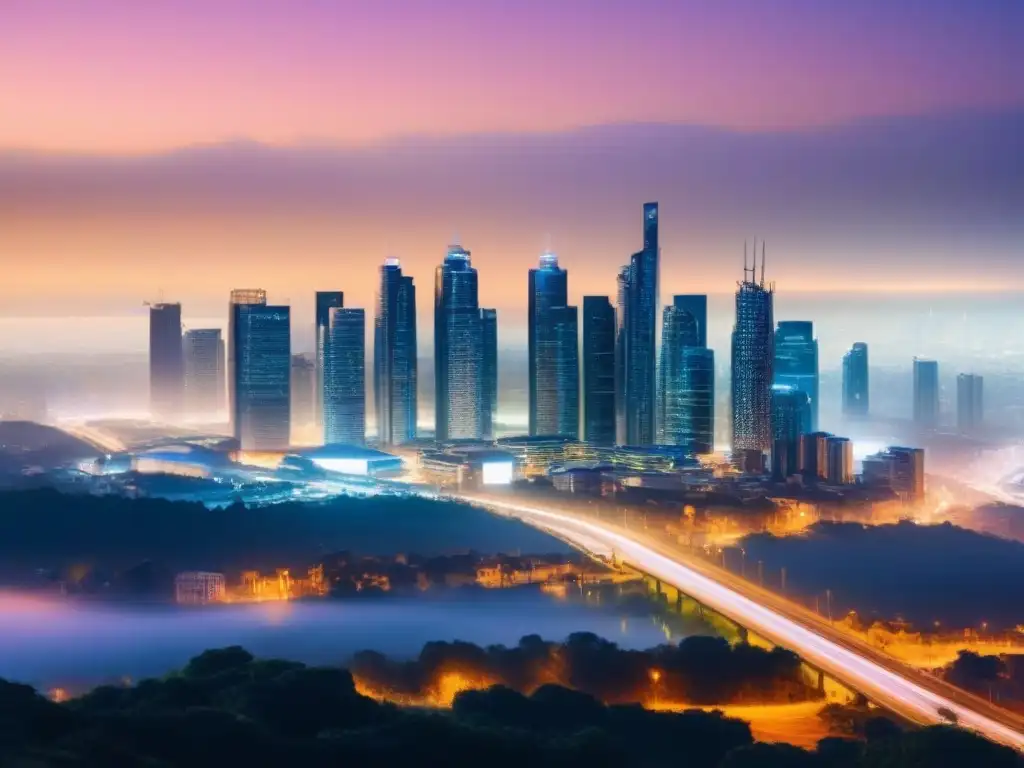 Horizonte transparente: ciudad futurista al anochecer Un horizonte futurista y transparente al atardecer, simbolizando transparencia y progreso en la financiación inmobiliaria