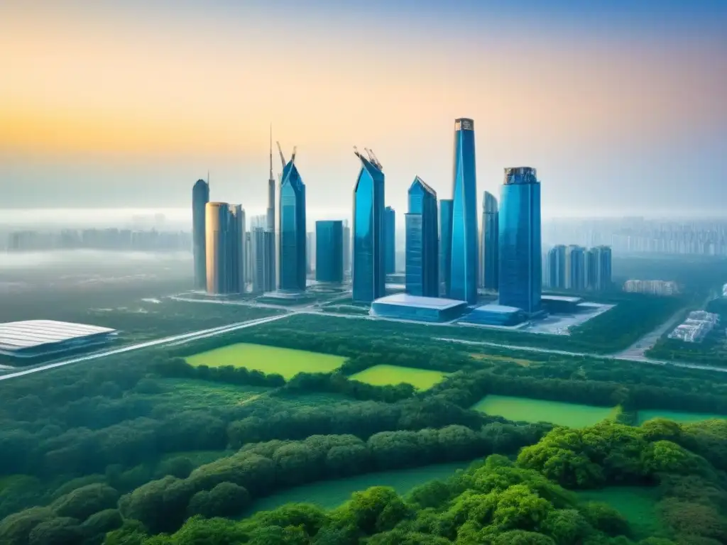 Horizonte sostenible: rascacielos verdes y futuristas Horizonte moderno con rascacielos sostenibles y espacios verdes, simbolizando beneficios financieros invertir bienes raíces sostenibles