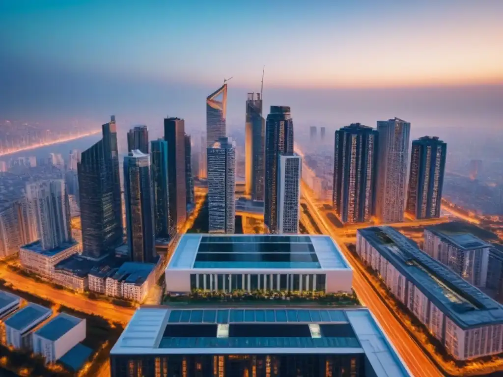 Espectacular vista aérea de ciudad moderna al atardecer Un horizonte nocturno de una ciudad moderna y vibrante, con rascacielos iluminados por el cálido resplandor del atardecer