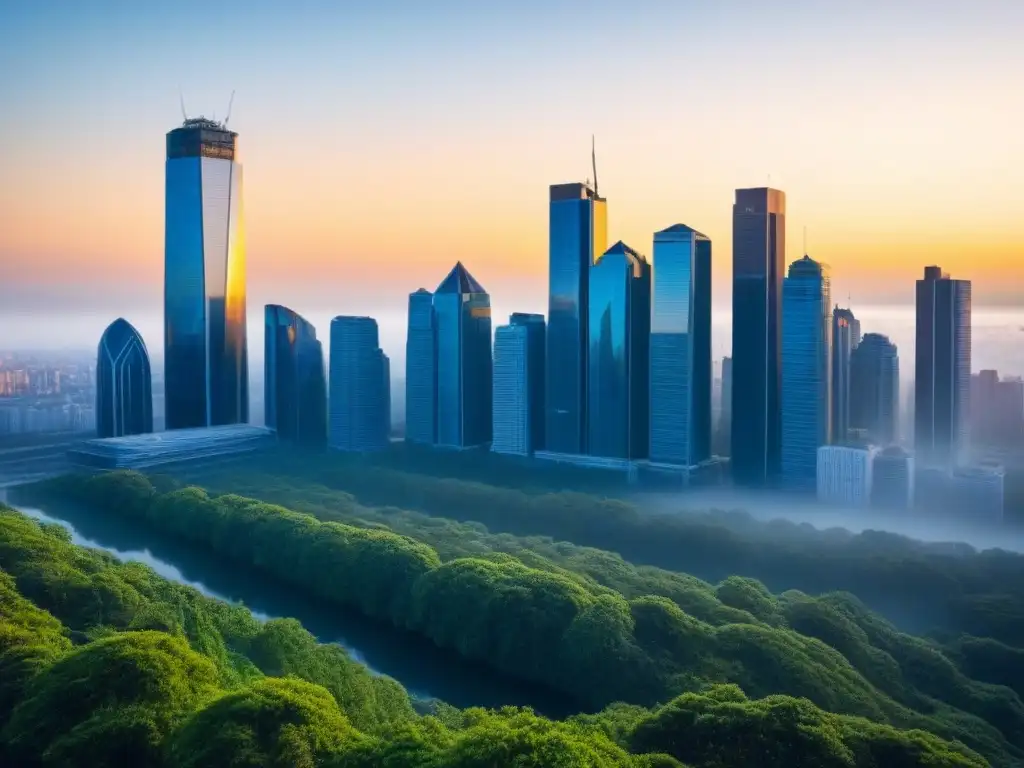 Horizonte urbano moderno: arquitectura y naturaleza en armonía Un horizonte de rascacielos modernos reflejando el sol poniente, fusionando arquitectura urbana con vegetación exuberante y cielo azul