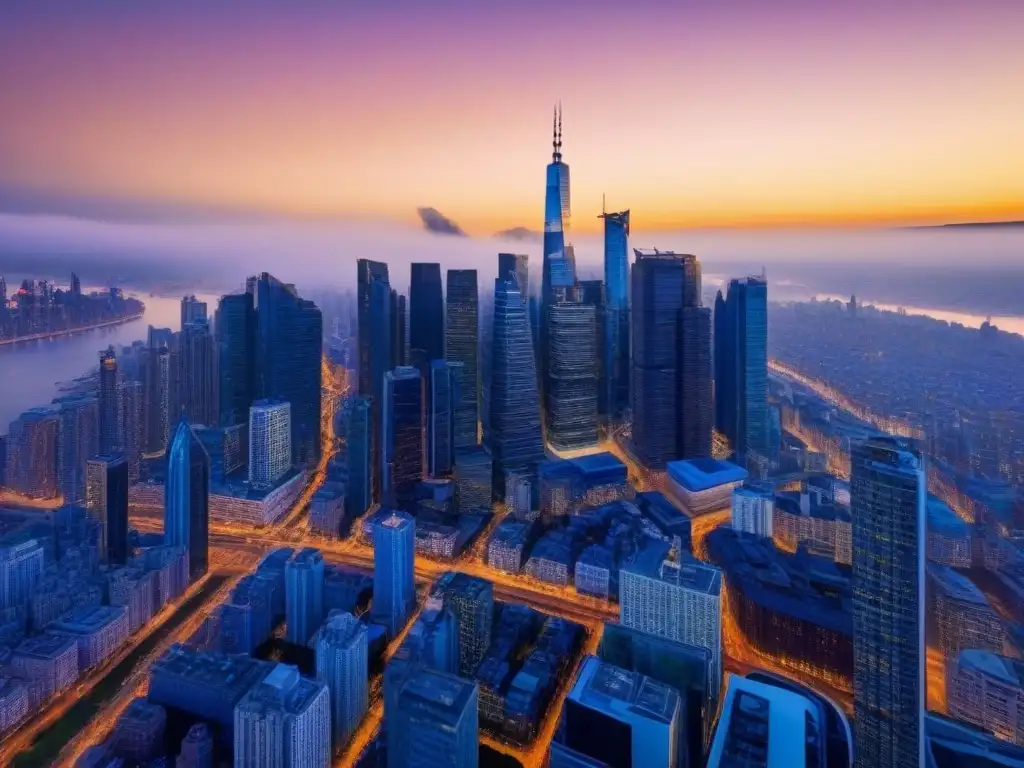 Horizonte urbano moderno al atardecer: oportunidades de inversión inmobiliaria Un horizonte urbano al atardecer lleno de rascacielos modernos de cristal, reflejando el sol dorado