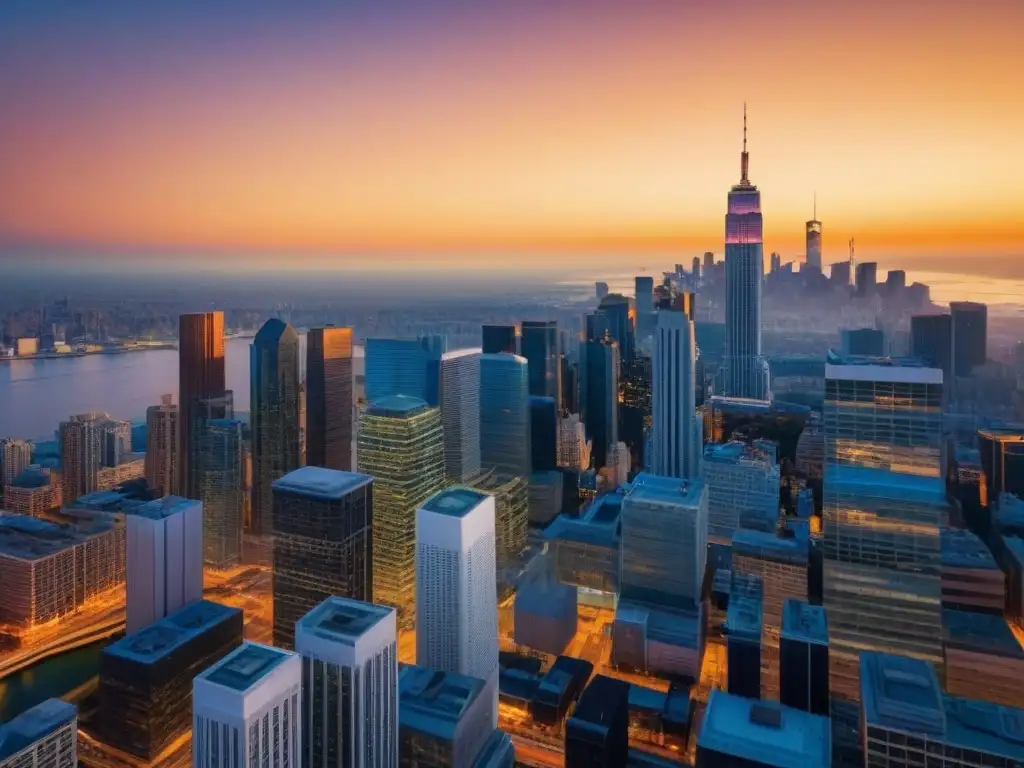 Horizonte urbano al atardecer: modernidad y sofisticación en 8k Un horizonte urbano al atardecer, con modernos rascacielos iluminados por el sol, reflejando innovación y progreso