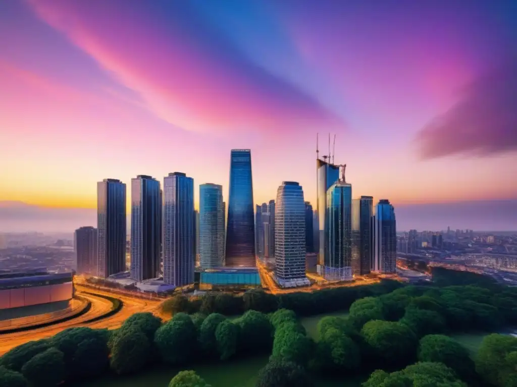 Inversión inmobiliaria: horizonte urbano al atardecer Un horizonte urbano al atardecer, con rascacielos y edificios modernos en una ciudad iluminada, ideal para inversión en alquiler