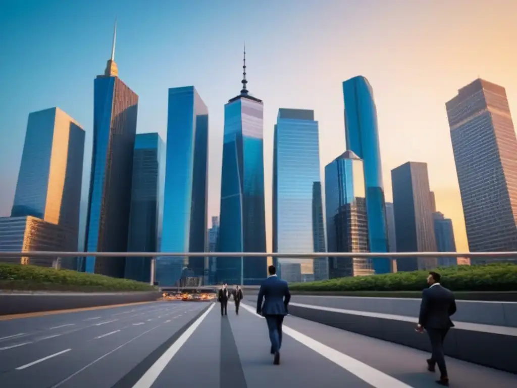 Horizonte urbano bullicioso con rascacielos reflejando el sol poniente, calles llenas de profesionales en traje