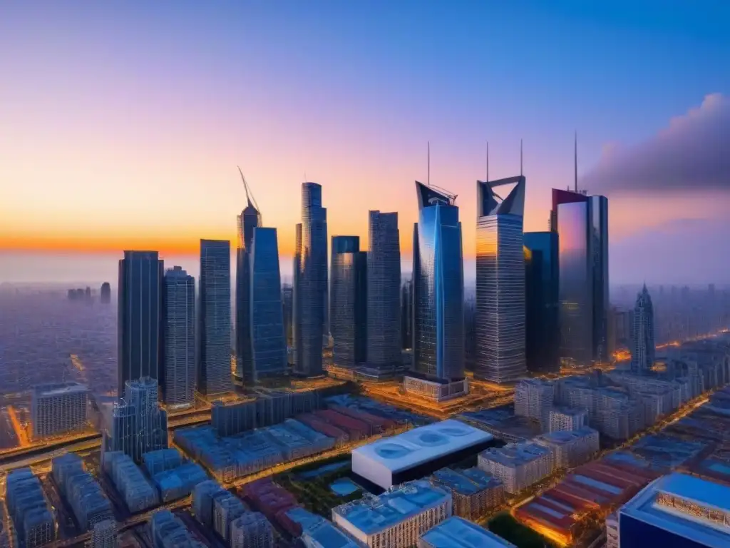 Horizonte urbano moderno al atardecer: Inversiones inmobiliarias híbridas Horizonte urbano en crecimiento al atardecer, reflejos dorados en rascacielos