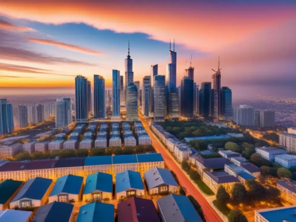 Vibrante ciudad al atardecer: innovación en real estate Un horizonte urbano deslumbrante iluminado por luces, reflejando progreso e innovación en el mercado de hitos históricos financiamiento inmobiliario