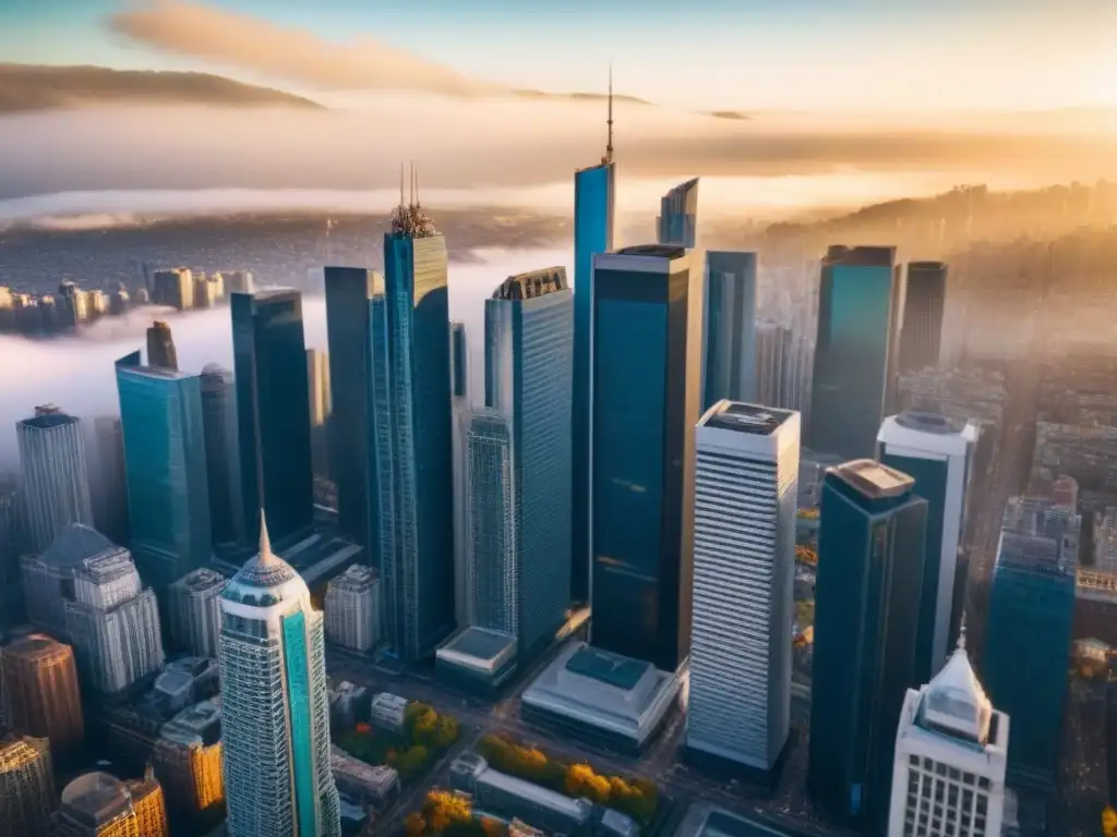 Esplendor financiero: metrópolis moderna y próspera Un horizonte urbano deslumbrante con rascacielos modernos en una ciudad bulliciosa, simbolizando prosperidad y crecimiento inmobiliario