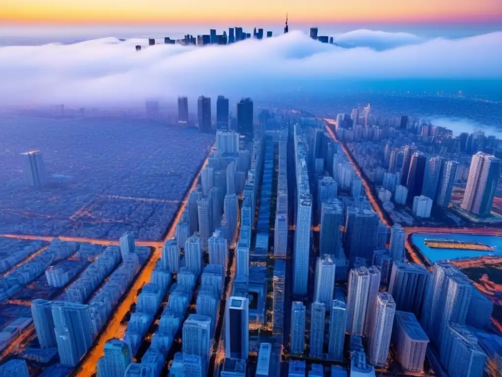 Metrópolis diversa: oportunidad e inclusividad en el mercado inmobiliario Un horizonte urbano diverso y vibrante con rascacielos modernos y edificios residenciales, representando oportunidades financiamiento para minorías