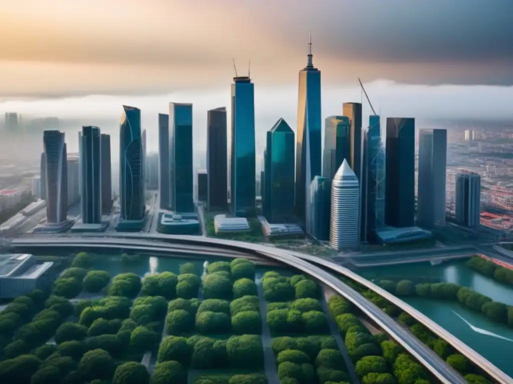 Skyline urbano: arquitectura moderna y regulaciones locales Un horizonte urbano con edificios modernos y diversos estilos arquitectónicos, reflejando la normativa local en el financiamiento inmobiliario
