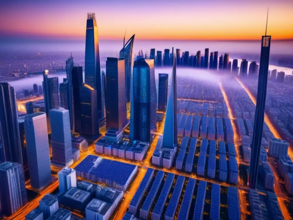 Horizonte urbano futurista: innovación en real estate Un horizonte urbano futurista al atardecer, reflejando innovación y éxito en una Campaña Crowdfunding Inmobiliario Exitosa