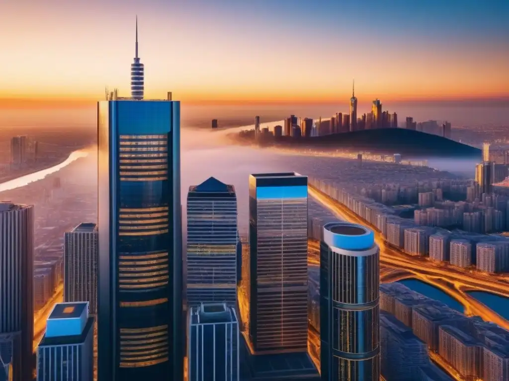 Horizonte urbano futurista al atardecer: 8k detallado Un horizonte urbano futurista al atardecer con rascacielos modernos y arquitectura vanguardista