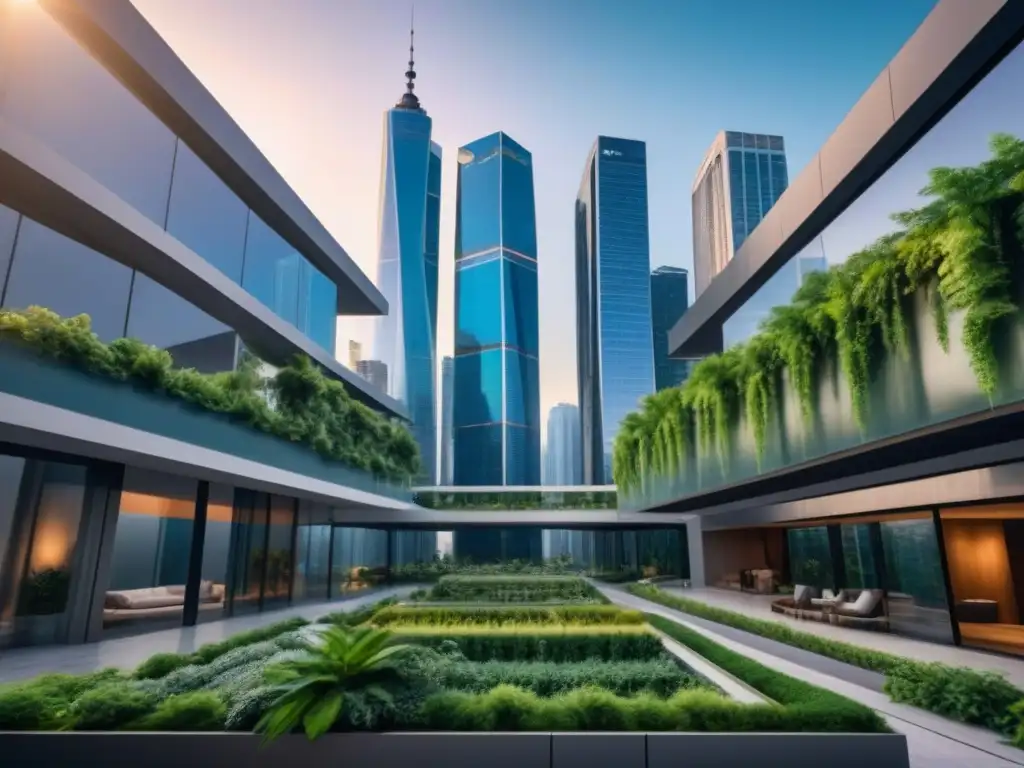Horizonte futurista: innovación y colaboración en la era digital Un horizonte urbano futurista al atardecer, con rascacielos modernos y conectados por pasarelas, rodeados de vegetación