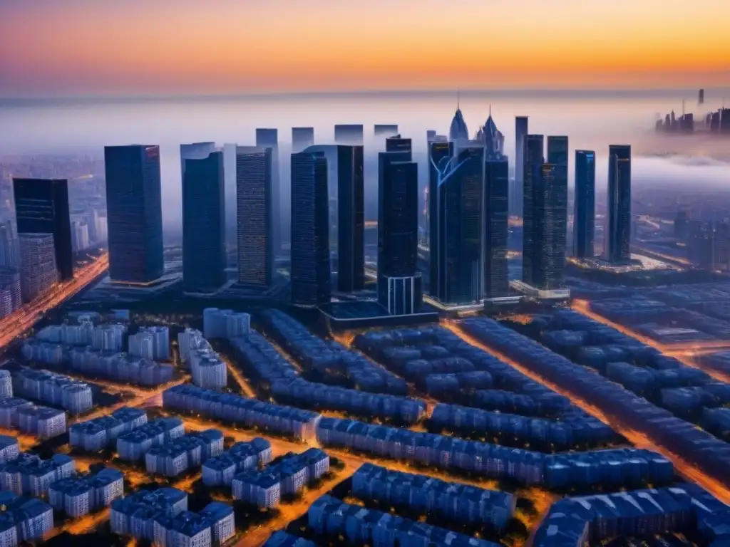 Inversión inmobiliaria: skyline futurista al atardecer Horizonte urbano futurista al atardecer, reflejo de la relación tasas interés bienes raíces en edificios modernos iluminados en tonos dorados