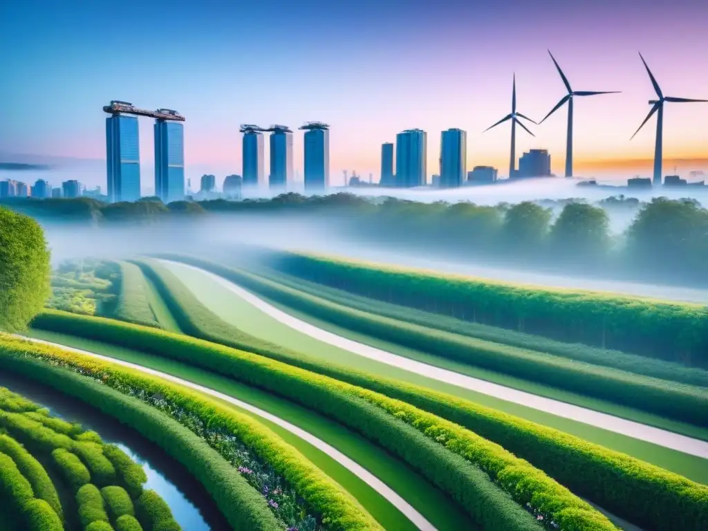 Cityscape sostenible: Edificios verdes y tecnología inteligente Horizonte urbano futurista al atardecer con edificios sostenibles y parque urbano, simbolizando el financiamiento inmobiliario sostenible