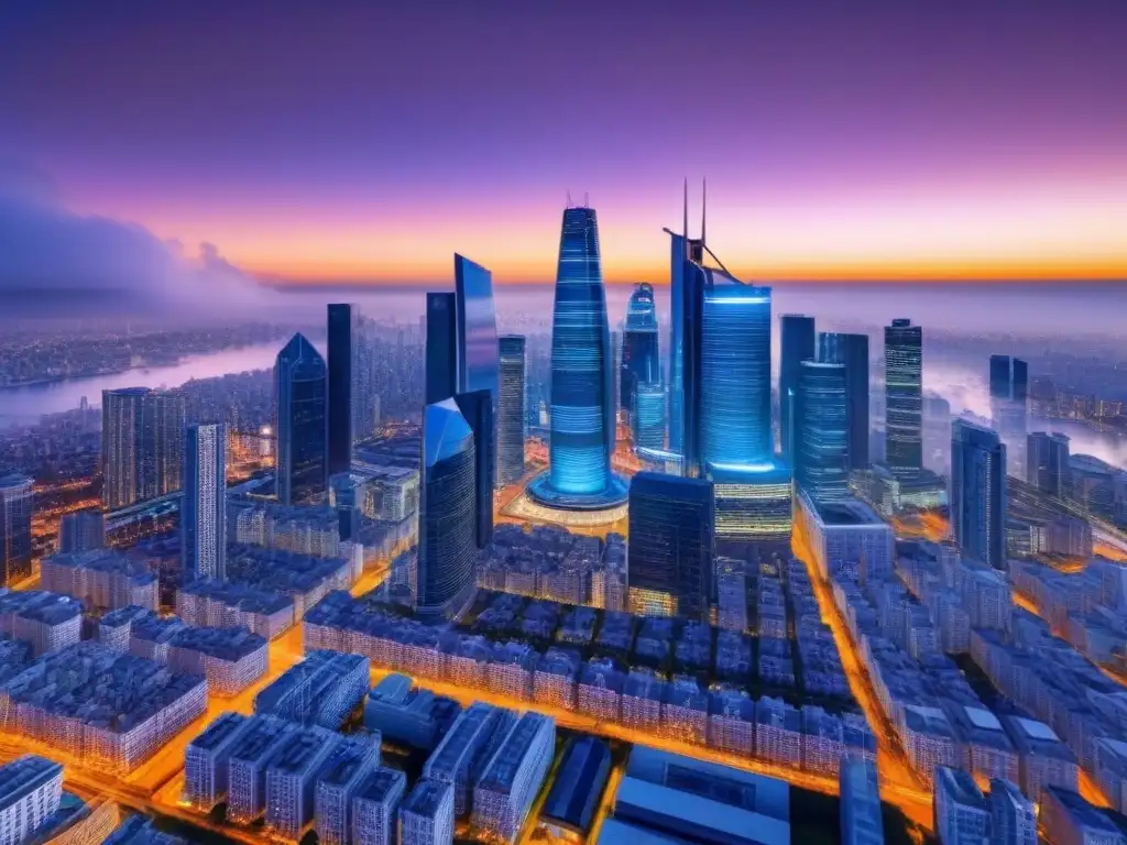 Skyline futurista con datos de hipotecas e inversiones Horizonte urbano futurista con datos de hipotecas e inversiones, rascacielos modernos y tecnología avanzada integrada