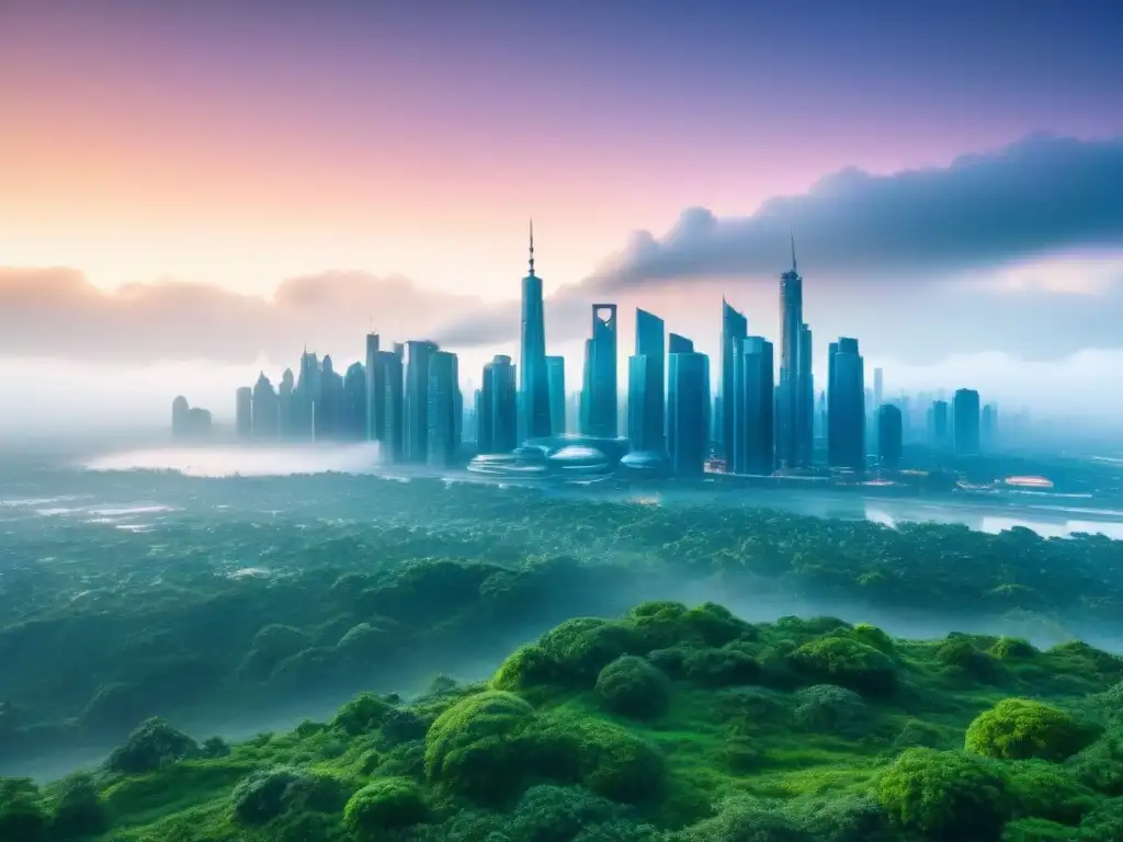 Metrópolis futurista: innovación y resiliencia en 8k Horizonte urbano futurista con edificios altos rodeados de vegetación y tecnología avanzada, preparado para desastres naturales