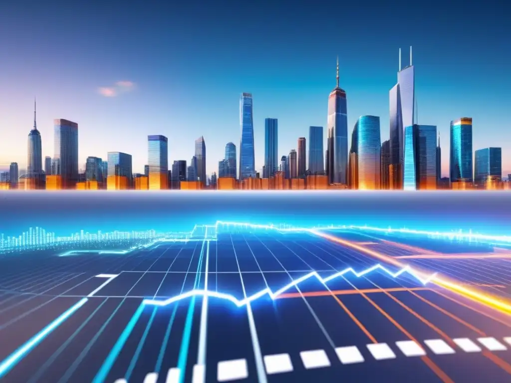 Skyline financiero digital: impacto de ARM loans en bienes raíces Horizonte urbano futurista con gráficos financieros, reflejando riesgos préstamos ARM mercado inmobiliario