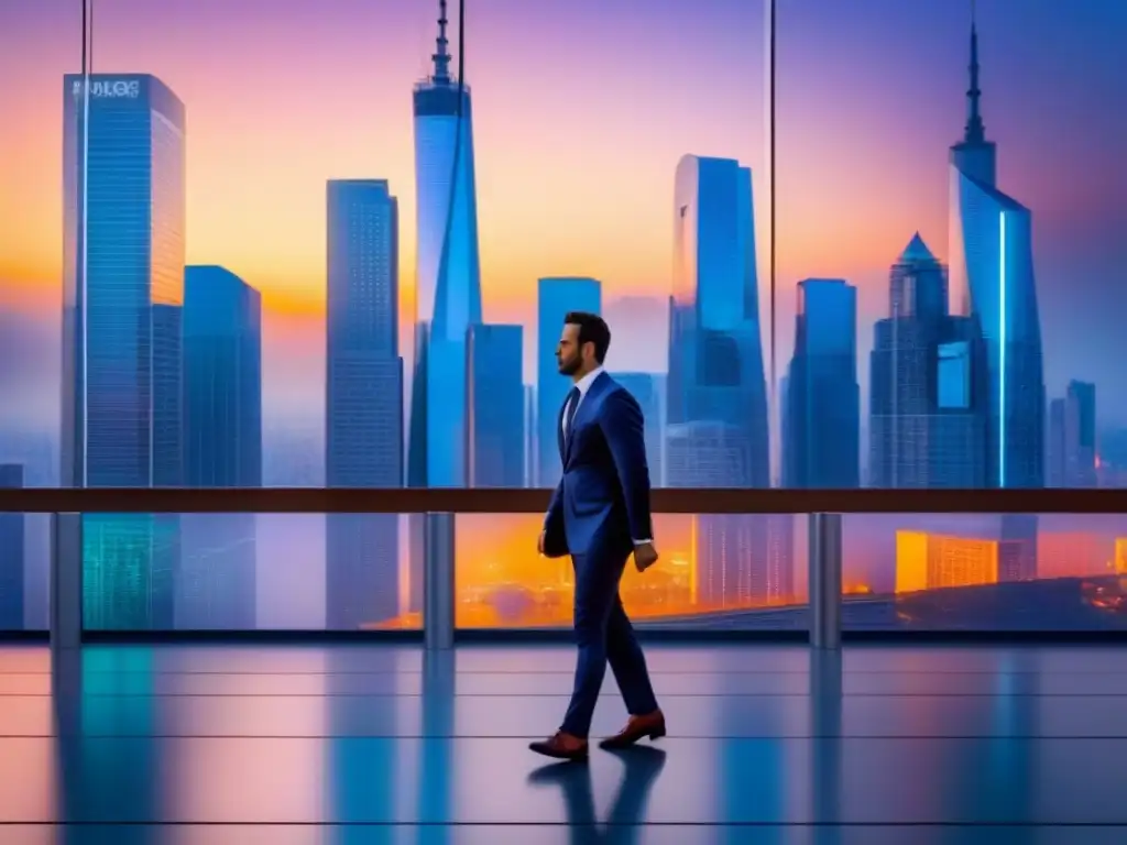 Horizonte futurista: éxito financiero en metrópolis vibrante Un horizonte urbano futurista con rascacielos de vidrio reflejando un vibrante atardecer, mostrando un distrito financiero bullicioso con profesionales en trajes elegantes caminando con confianza, mientras una pantalla digital en primer plano resalta gráficos de inversión en alza, sim
