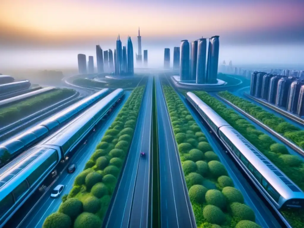 Metrópolis futurista: tecnología y naturaleza en armonía Un horizonte urbano futurista con rascacielos elegantes y sistemas de transporte avanzados, mostrando una metrópolis bulliciosa con pasarelas transparentes, autos voladores y vegetación integrada en el paisaje urbano