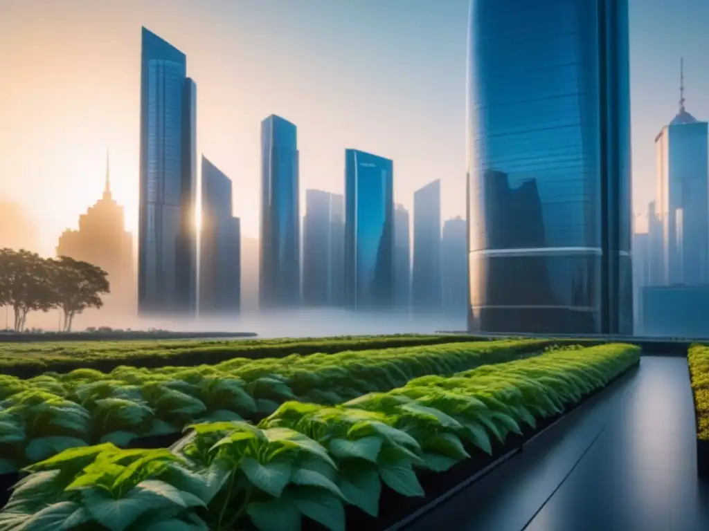 Horizonte futurista: crecimiento financiero con tecnología y naturaleza Horizonte urbano futurista con rascacielos de cristal, reflejando la luz del sol poniente