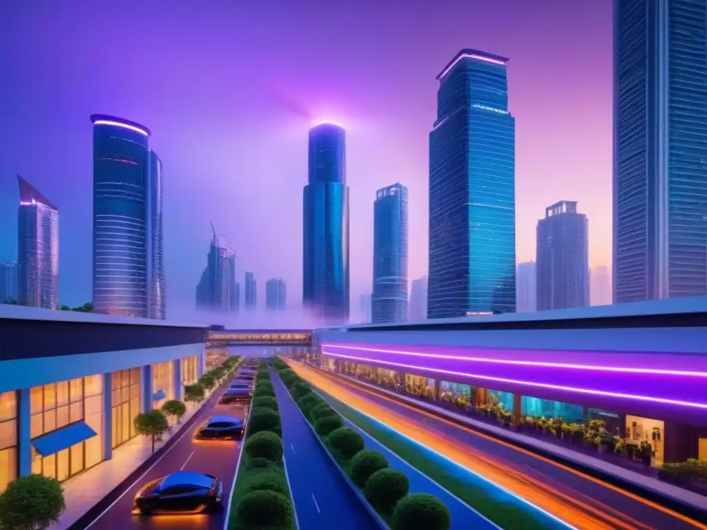 Ciudad futurista con rascacielos iluminados y vehículos autónomos Un horizonte urbano futurista al anochecer con rascacielos iluminados por luces neón