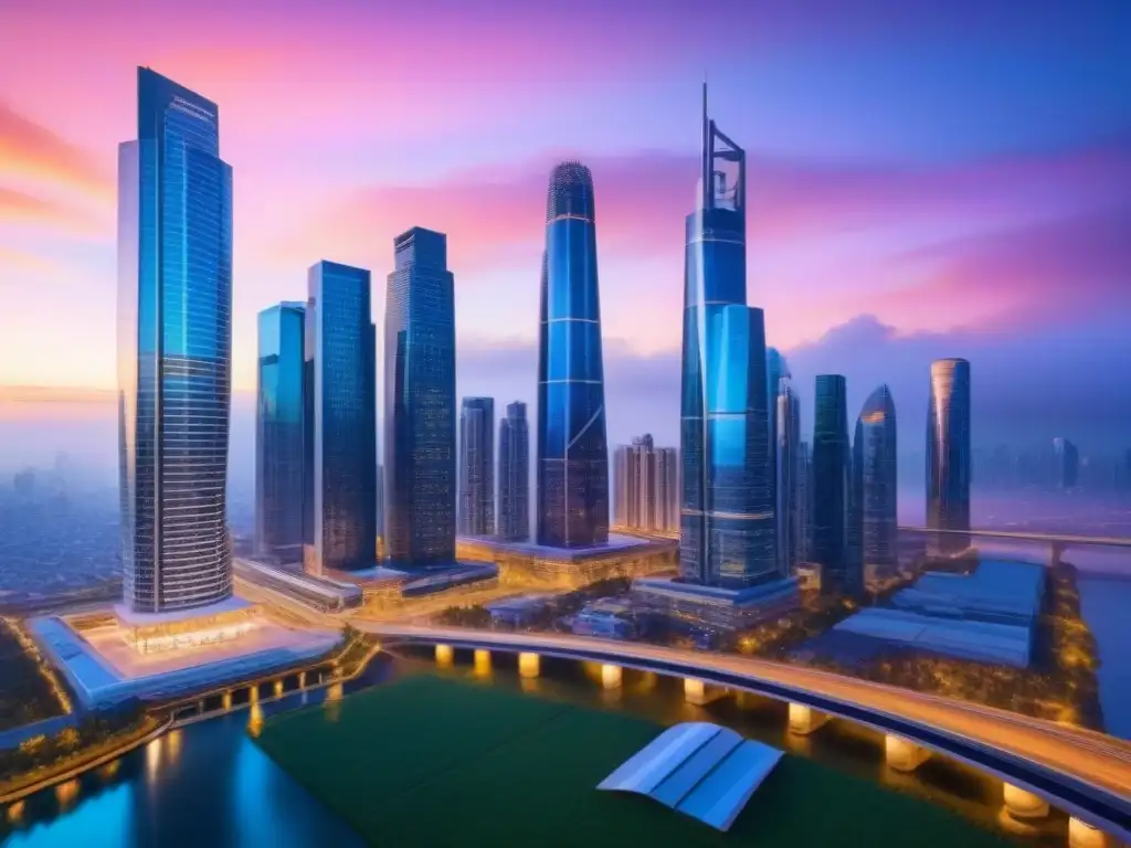 Metrópolis futurista: avance tecnológico en financiamiento inmobiliario Un horizonte urbano futurista al anochecer con rascacielos iluminados y senderos digitales brillantes, reflejando un cielo de atardecer colorido